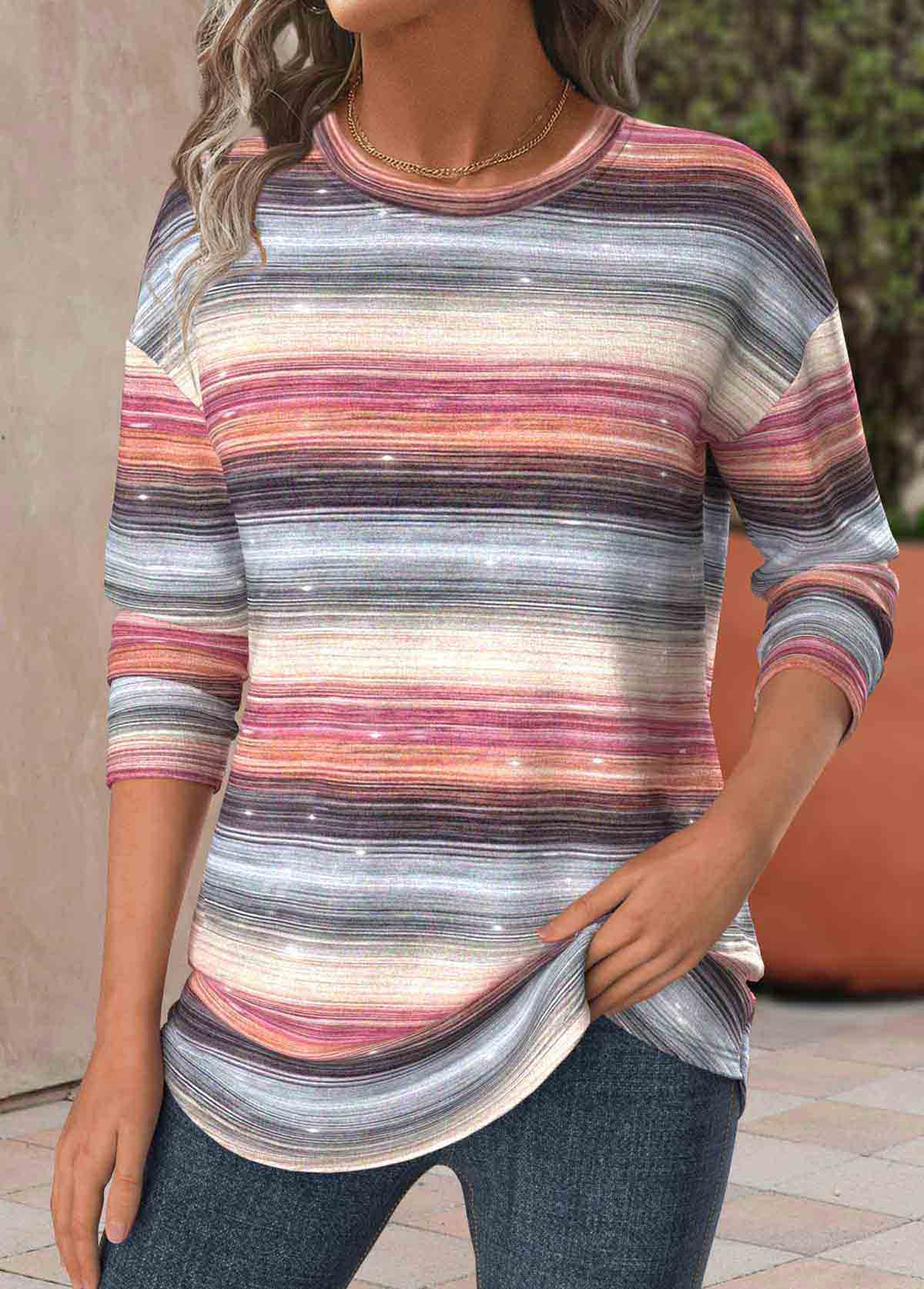 Modlily Plus Size Multi Color Striped Long Sleeve T Shirt - 1X
