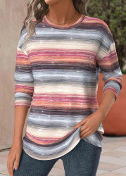 Modlily Plus Size Multi Color Striped Long Sleeve T Shirt - 1X