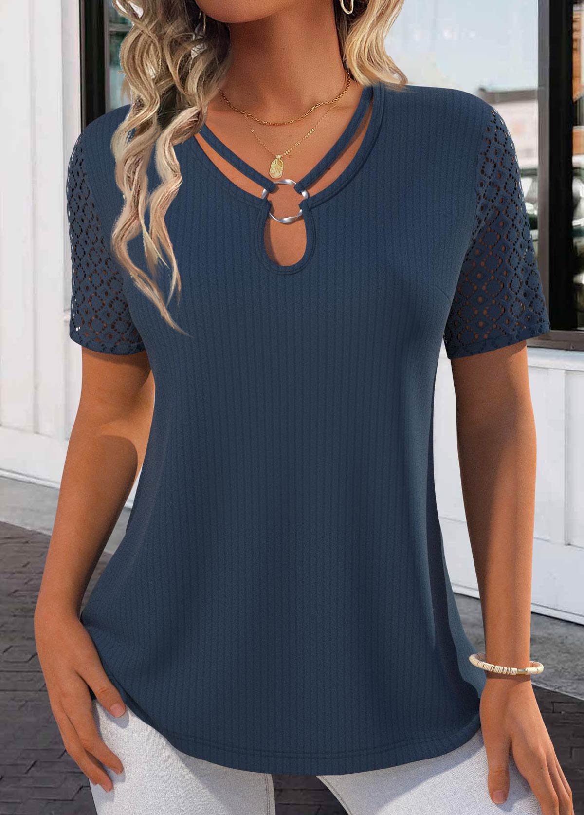 Modlily Plus Size Navy Lace Short Sleeve T Shirt - 3X