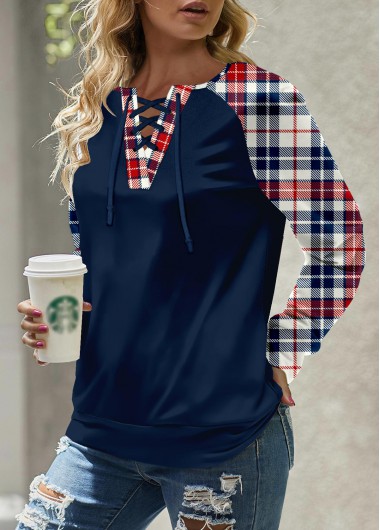 Modlily Plus Size Navy Patchwork Plaid Long Sleeve Sweatshirt - 1X
