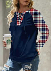 Modlily Plus Size Navy Patchwork Plaid Long Sleeve Sweatshirt - 1X