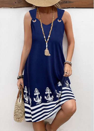 Modlily Plus Size Navy Pocket Geometric Print A Line Dress - 2X