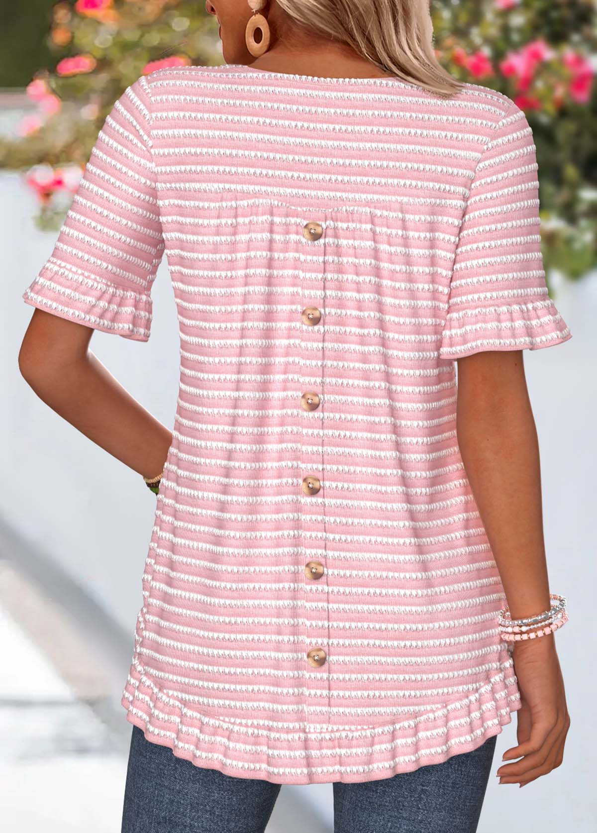 Modlily Plus Size Pink Frill Striped Short Sleeve T Shirt - 3X