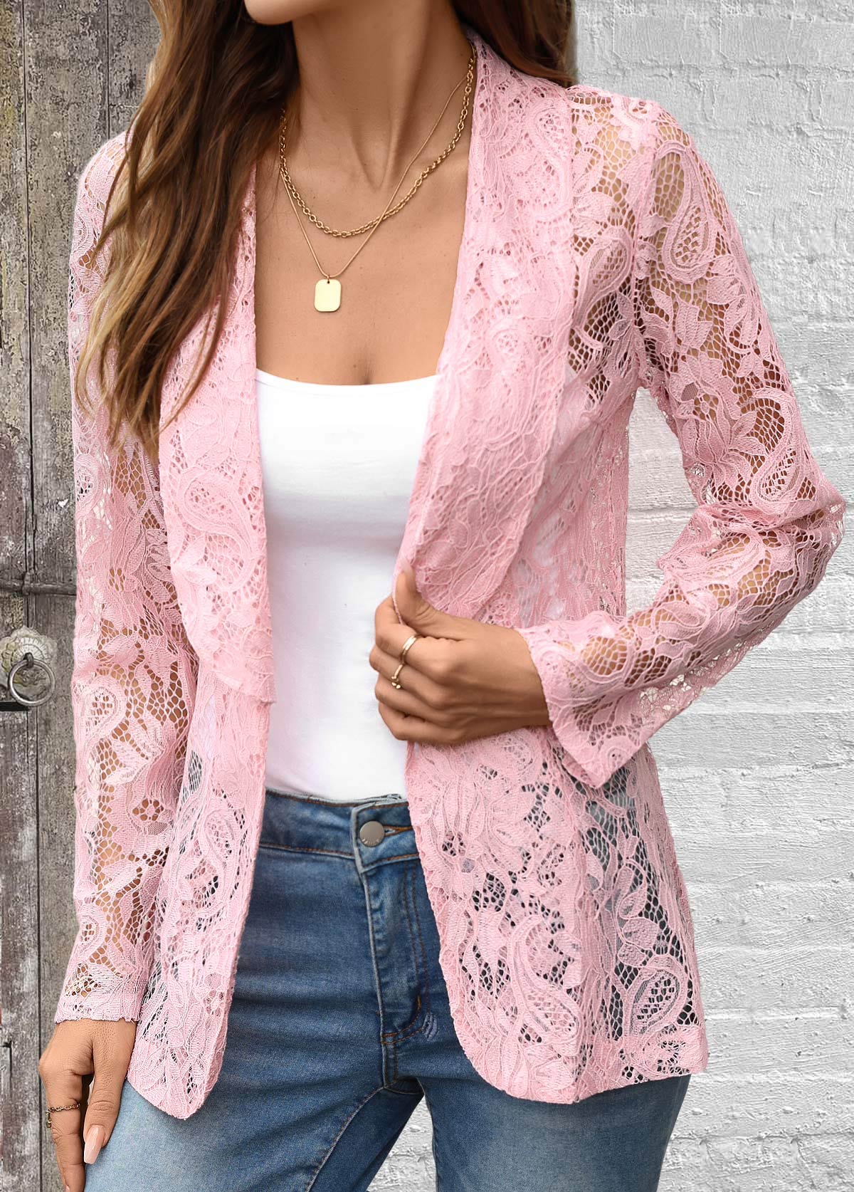 Modlily Plus Size Pink Lace Long Sleeve Lapel Light Cardigan - 1X