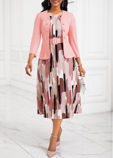 Modlily Plus Size Pink Two Piece Geometric Print Belted Dress - 3X