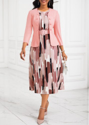 Modlily Plus Size Pink Two Piece Geometric Print Belted Dress - 3X