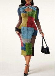 Modlily Plus Size Rainbow Color Criss Cross Geometric Print Dress - 1X