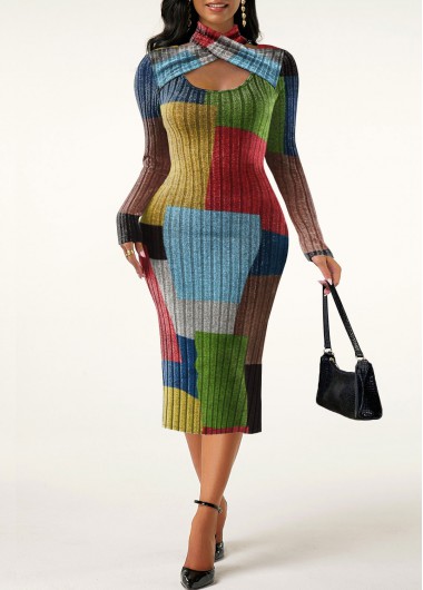 Modlily Plus Size Rainbow Color Criss Cross Geometric Print Dress - 3X