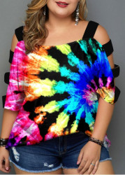 Modlily Plus Size Rainbow Color Multicolor Tie Dye Print Hollow Out Sleeve T Shirt - 3X