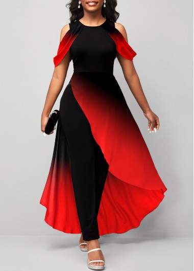 Modlily Plus Size Red Asymmetry Ombre Short Sleeve Jumpsuit - 2X