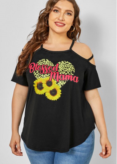 Modlily Plus Size Strappy Cold Shoulder Sunflower Print T Shirt - 1X