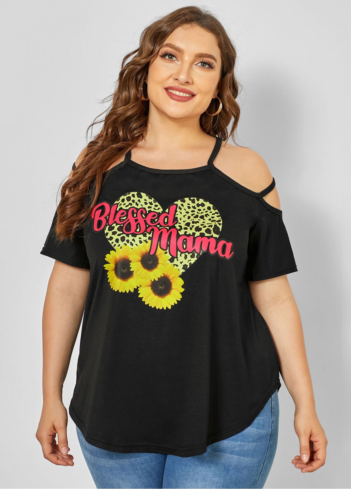 Modlily Plus Size Strappy Cold Shoulder Sunflower Print T Shirt - 3X