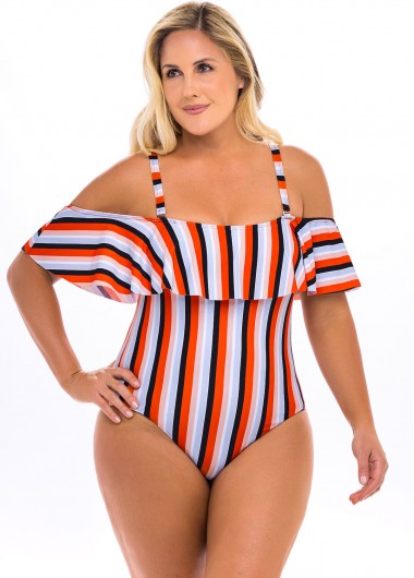 Modlily Plus Size Striped Cold Shoulder One Piece Swimwear - 3X