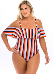 Modlily Plus Size Striped Cold Shoulder One Piece Swimwear - 3X