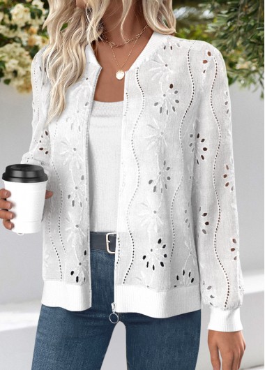 Modlily Plus Size White Jacquard Long Sleeve Track Jacket - 1X