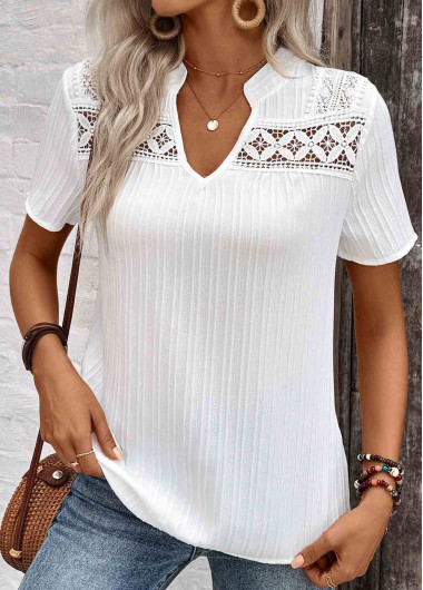 Modlily Plus Size White Lace Short Sleeve Split Neck Blouse - 1X