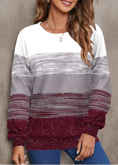 Modlily Plus Size Wine Red Geometric Print Long Sleeve Sweatshirt - 3X