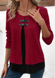 Modlily Plus Size Wine Red Patchwork Fake Two Piece Twinset - 1X