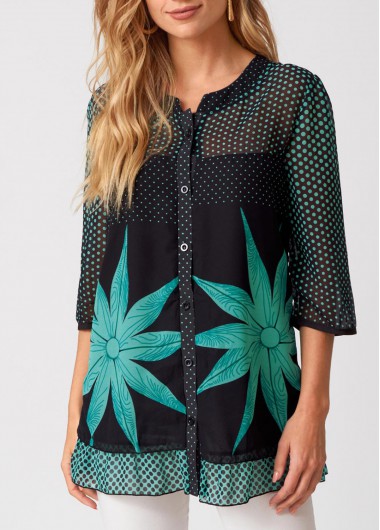 Modlily Polka Dot Button Up 3/4 Sleeve Blouse - S