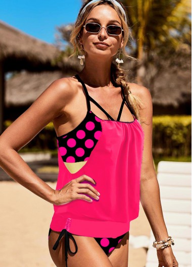 Modlily Polka Dot Hot Pink Tie Tankini Set - XL
