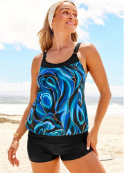 Modlily Printed Wide Strap Blue Tankini Top - S
