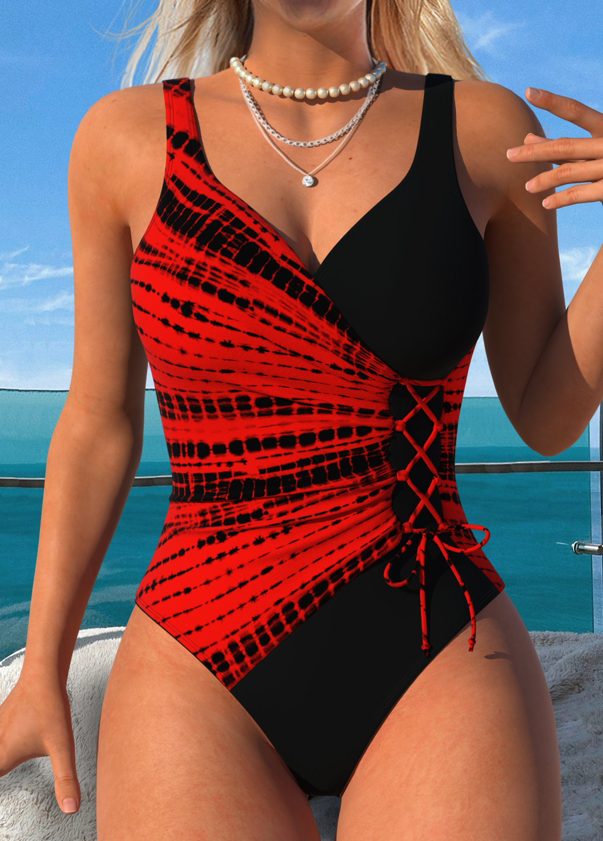 Modlily Pull On Tie Dye Print Red One Piece Swimwear - S