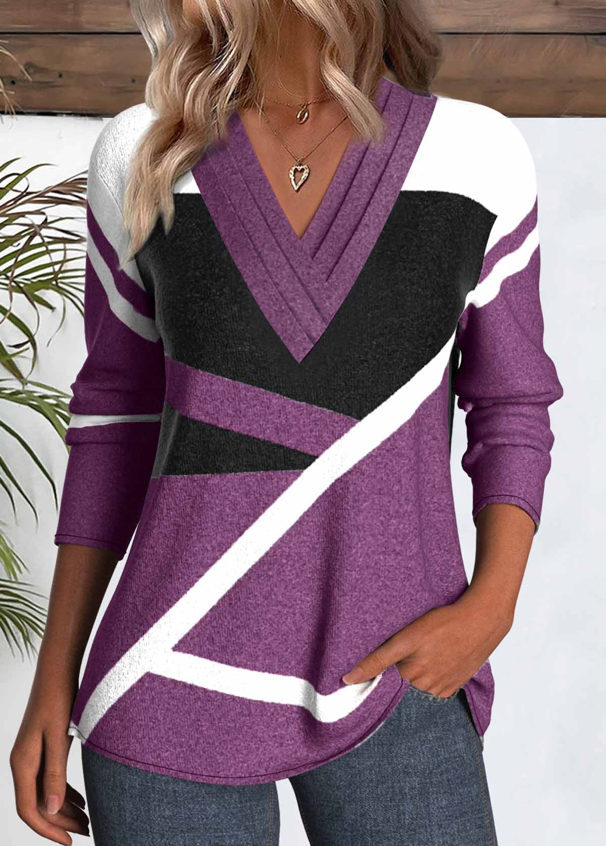 Modlily Purple Button Geometric Print Long Sleeve T Shirt - XL