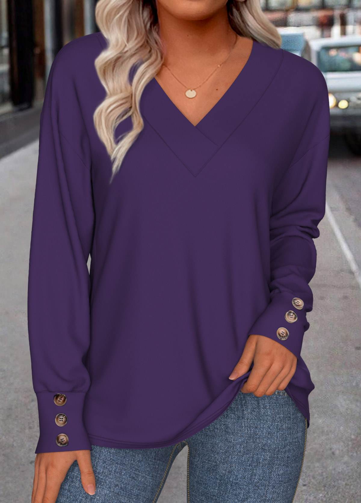 Modlily Purple Button Long Sleeve V Neck Sweatshirt - XL