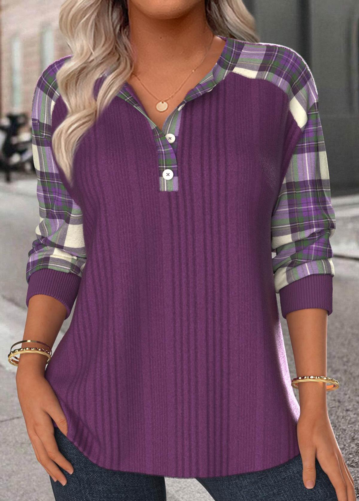 Modlily Purple Button Plaid Long Sleeve Split Neck Sweatshirt - XXL