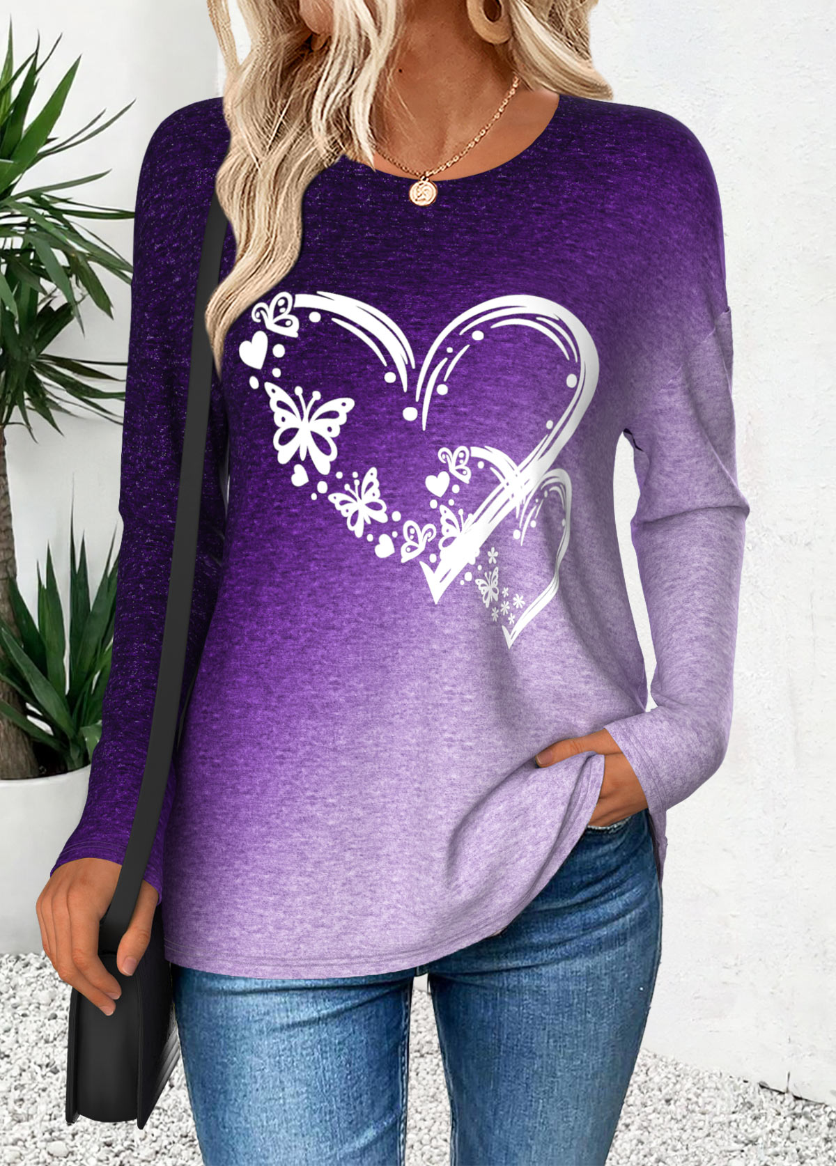 Modlily Purple Curved Hem Ombre Long Sleeve T Shirt - M