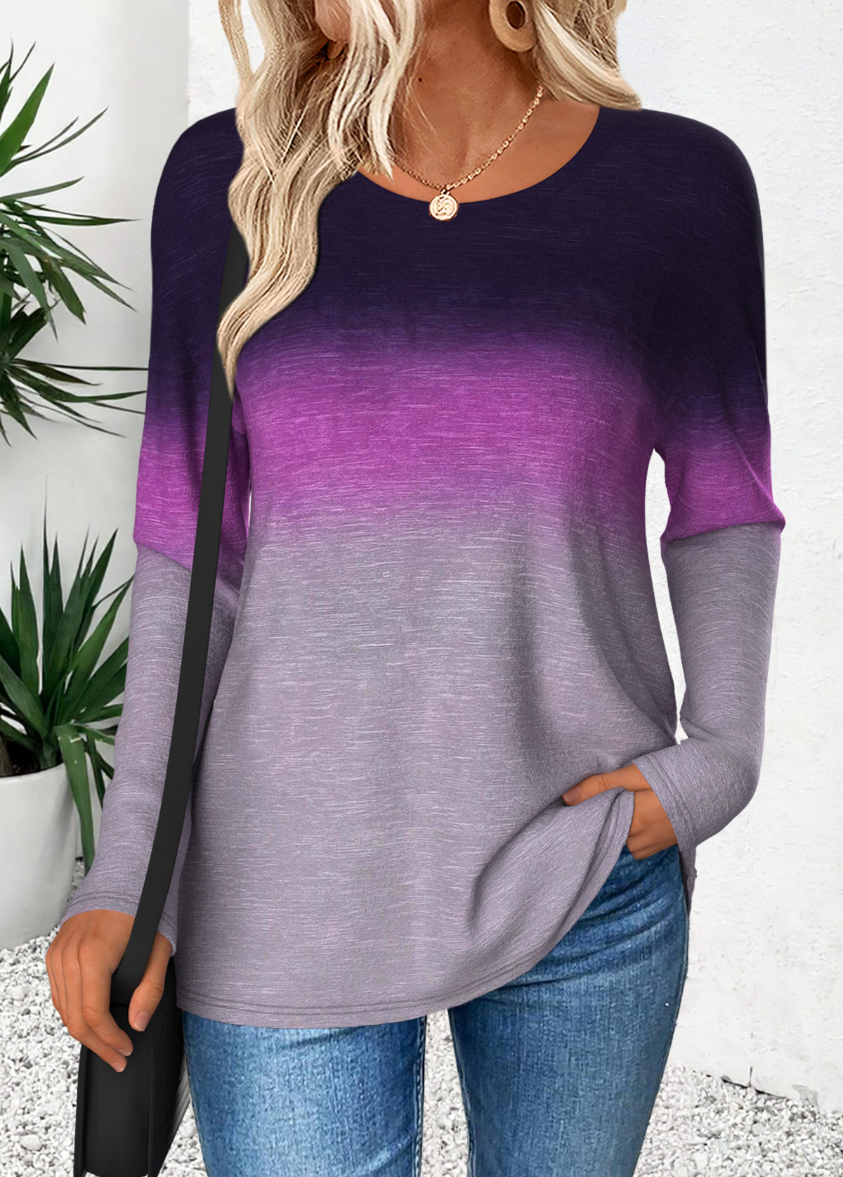 Modlily Purple Curved Hem Ombre Long Sleeve T Shirt - XXL
