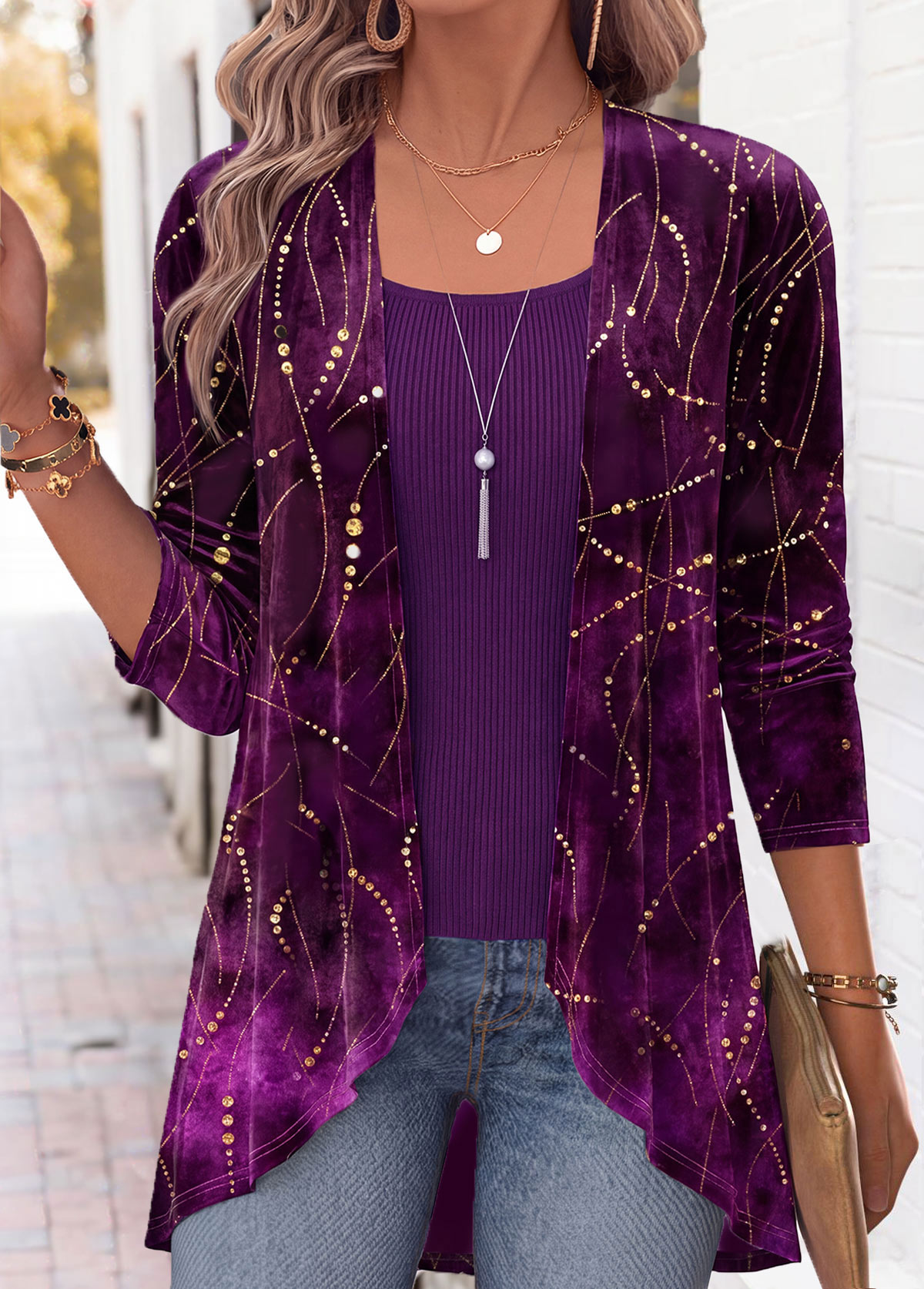 Modlily Purple Geometric Print Long Sleeve Fake Two Piece Twinset - S