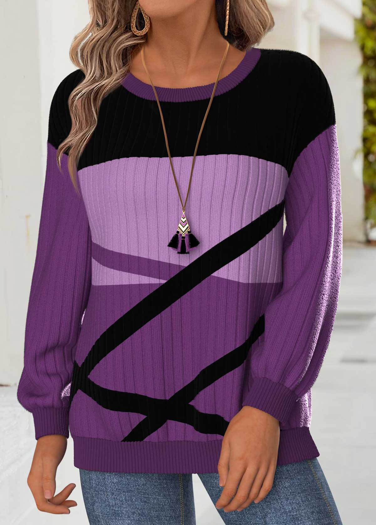 Modlily Purple Geometric Print Long Sleeve Round Neck Sweatshirt - XXL