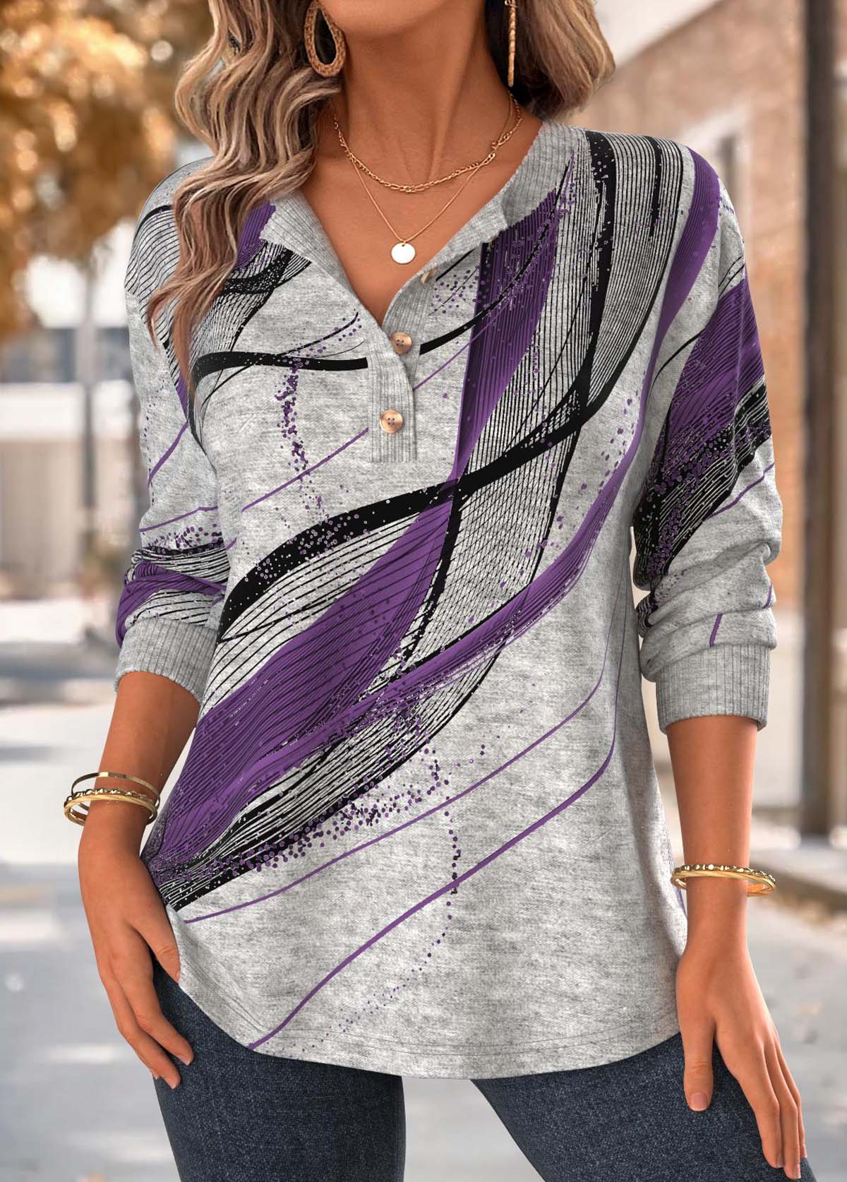 Modlily Purple Geometric Print Long Sleeve Split Neck Sweatshirt - S