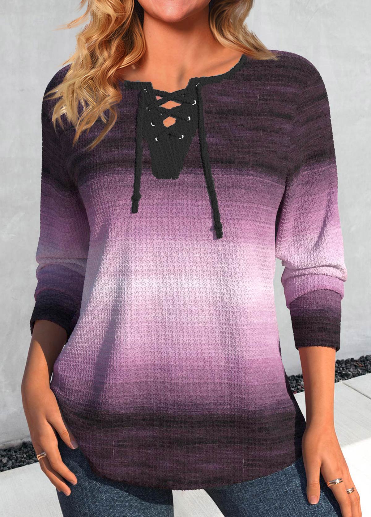 Modlily Purple Lace Up Ombre Long Sleeve T Shirt - XXL