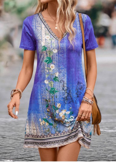 Modlily Purple Lightweight Floral Print Short V Neck Dress - XXL