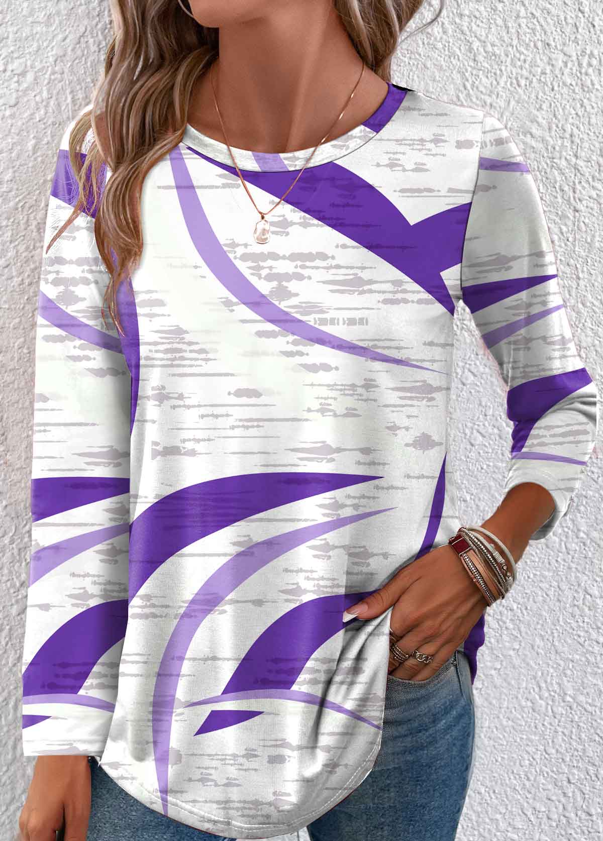 Modlily Purple Lightweight Geometric Print Long Sleeve T Shirt - M