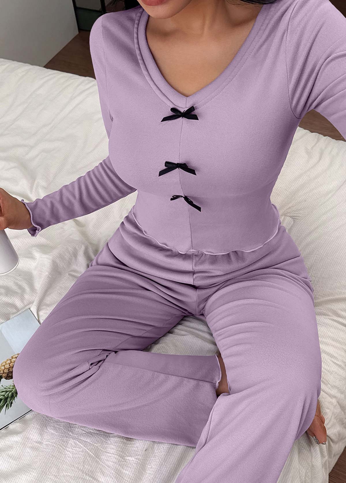Modlily Purple Long Sleeve V Neck Lounge Top and Pants - M