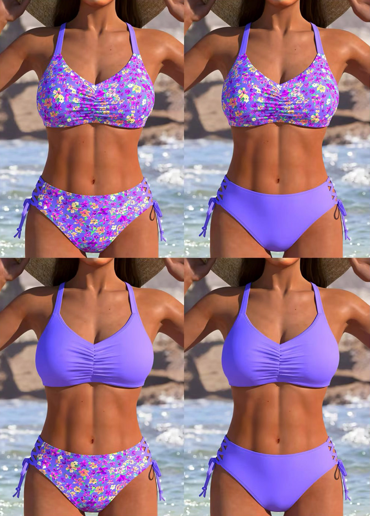 Modlily Purple Low Waisted Adjustable Tie Bikini Set - S