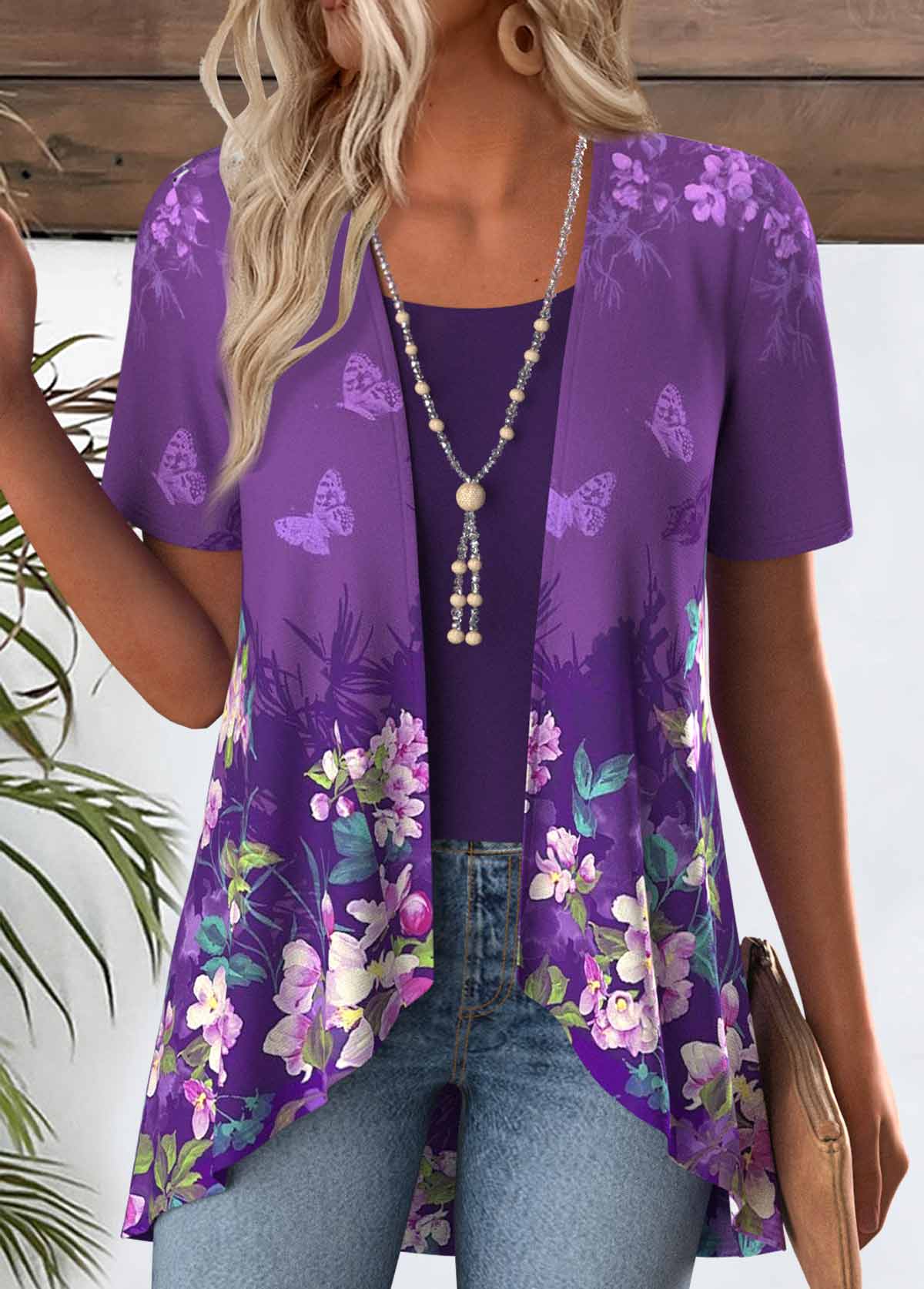 Modlily Purple Ombre Short Sleeve Fake Two Piece Twinset - S