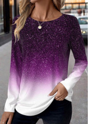 Modlily Purple Patchwork Ombre Long Sleeve Round Neck T Shirt - M