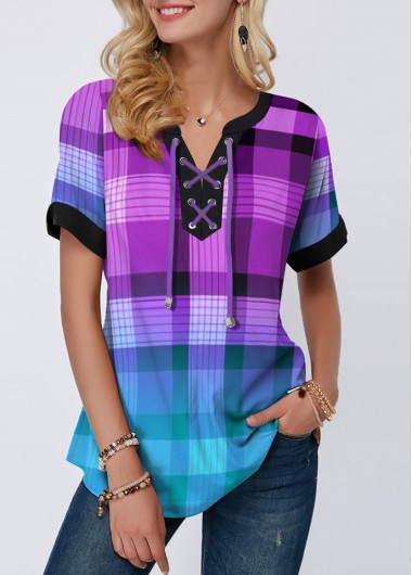 Modlily Purple Plaid Short Sleeve Split Neck Blouse - S