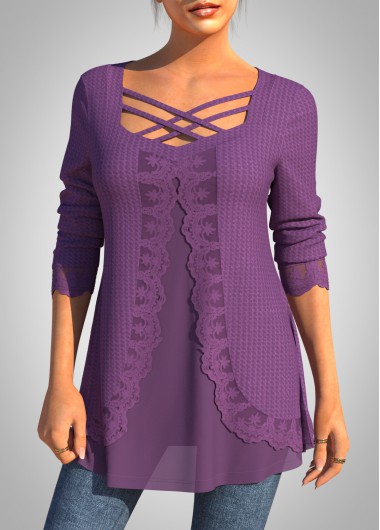 Modlily Purple Plus Size Long Sleeve Fake Two Piece Twinset - S