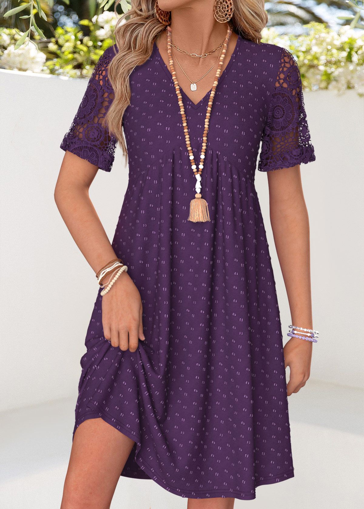 Modlily Purple Short Patchwork V Neck Dress - M