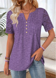 Modlily Purple Short Sleeve Split Neck T Shirt - S