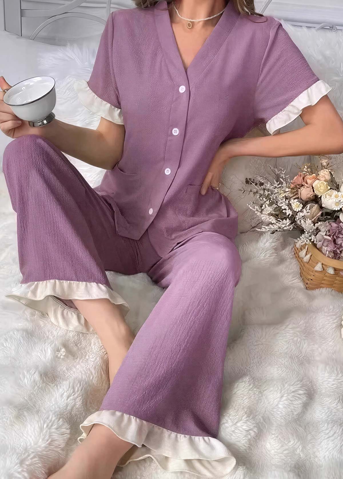 Modlily Purple Short Sleeve V Neck Lounge Top and Pants - S