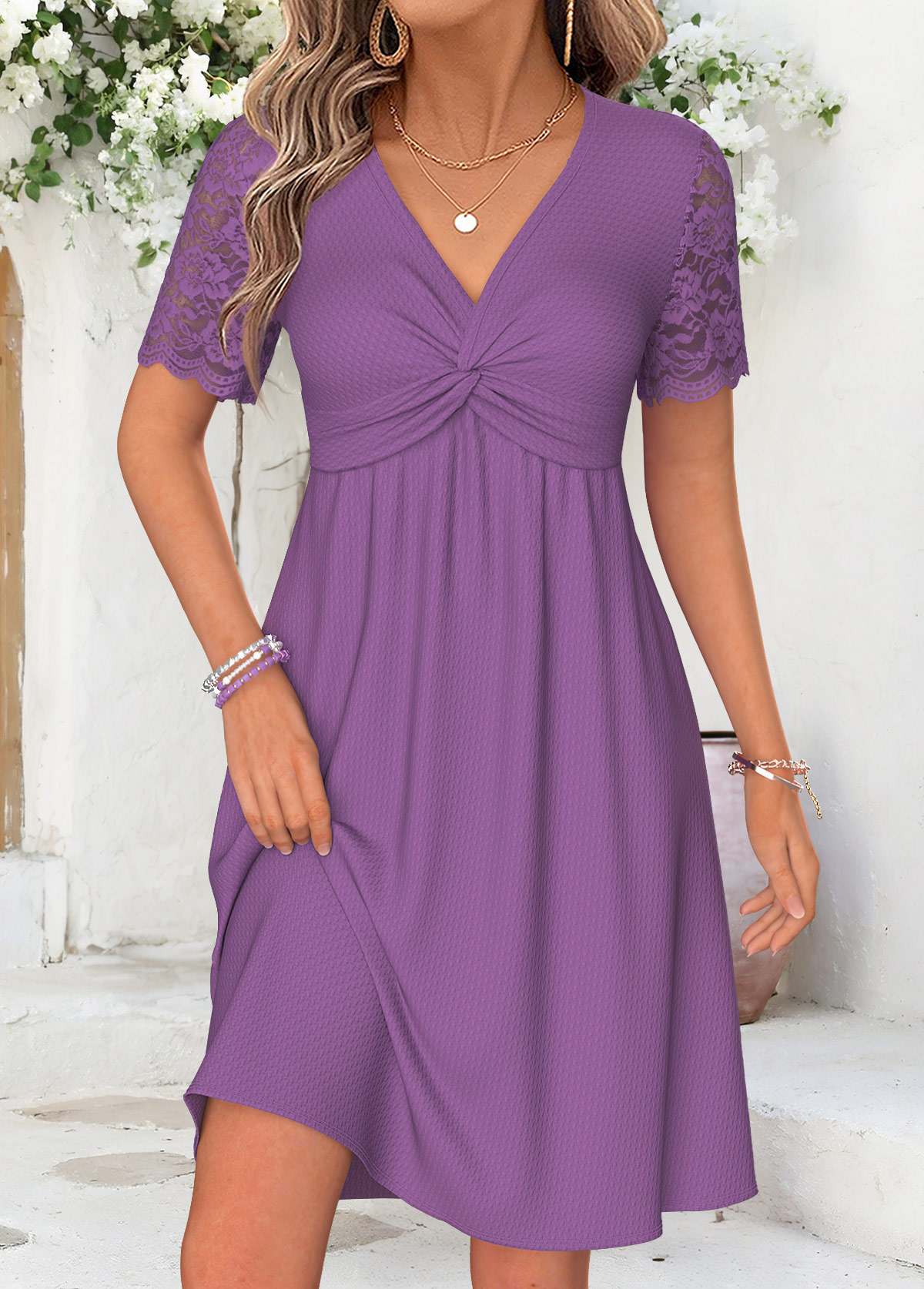 Modlily Purple Short Twist V Neck Dress - S