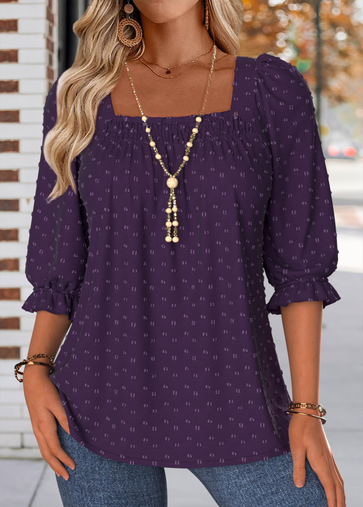 Modlily Purple Smocked Half Sleeve Square Neck Blouse - S
