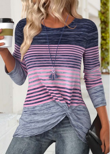 Modlily Purple Striped Long Sleeve Round Neck T Shirt - M