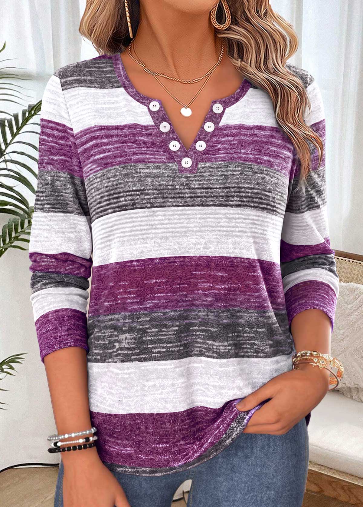Modlily Purple Striped Shirred Long Sleeve Split Neck T Shirt - S